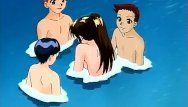 Böses Manga-Mädchen, das Schwänze unter Wasser bläst